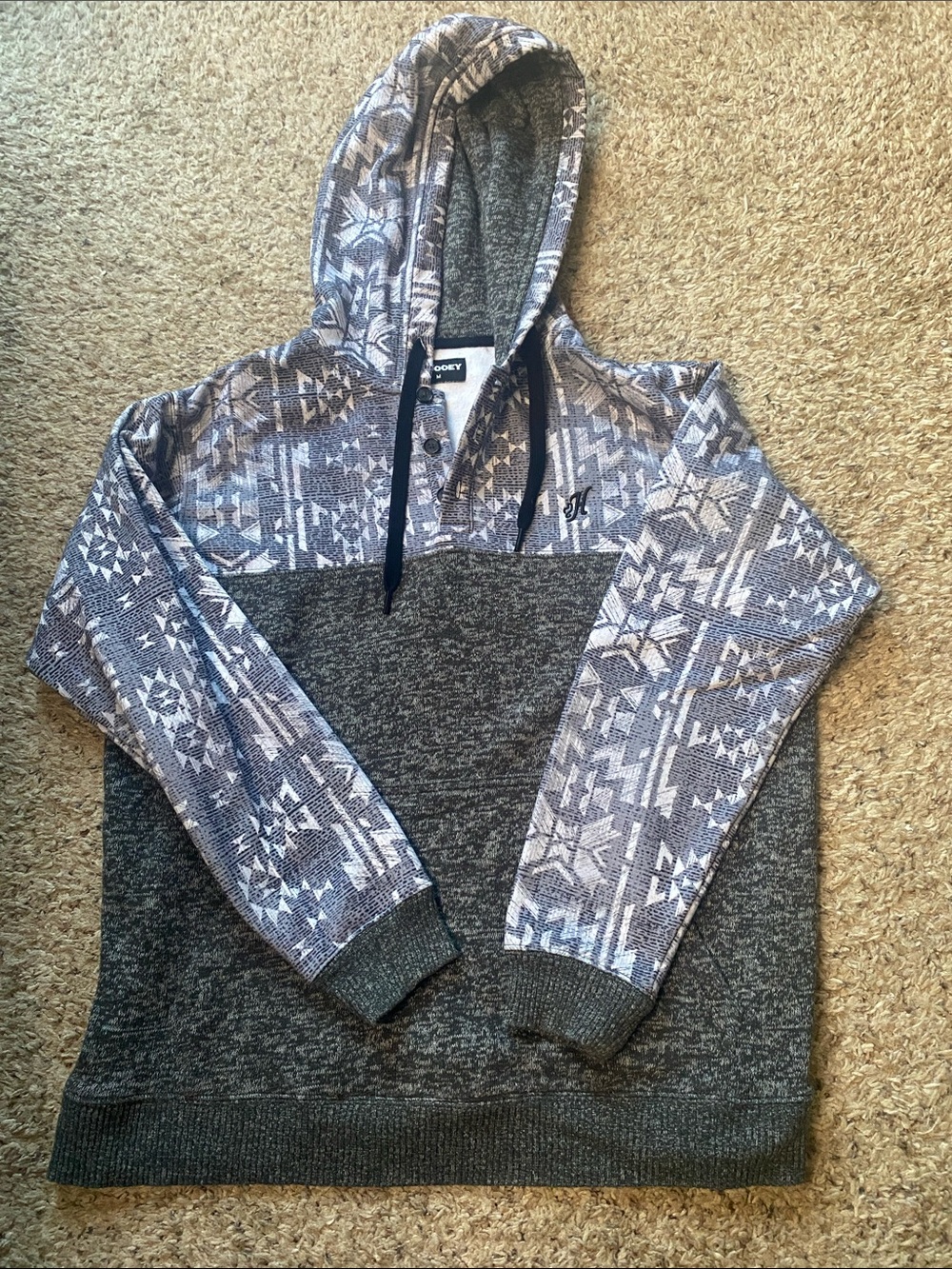 Hooey Gray Patterned Hooded Pullover with Navy Drawstrings